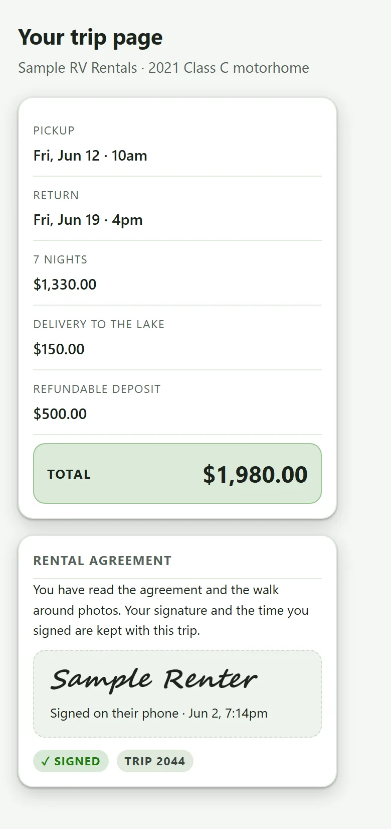 A renter's trip page with pickup, return, deposit and total, and the rental agreement signed on their phone