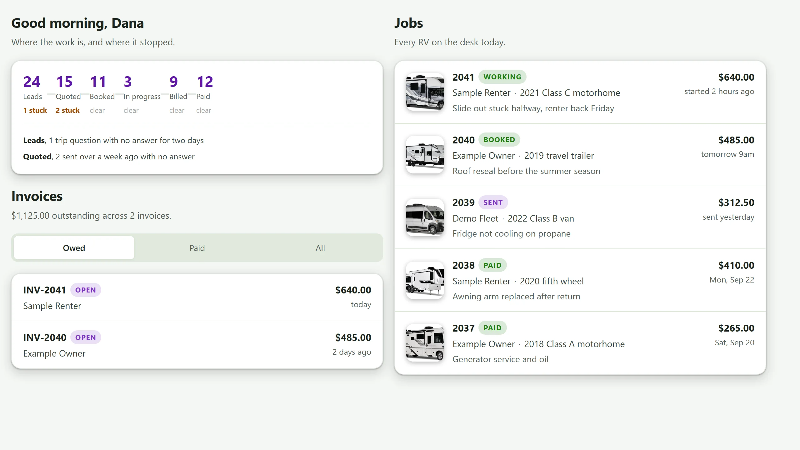 The RV Desk home screen: leads, quotes, bookings and payments counted across the top, open invoices, and every RV job on the desk today with its status and amount