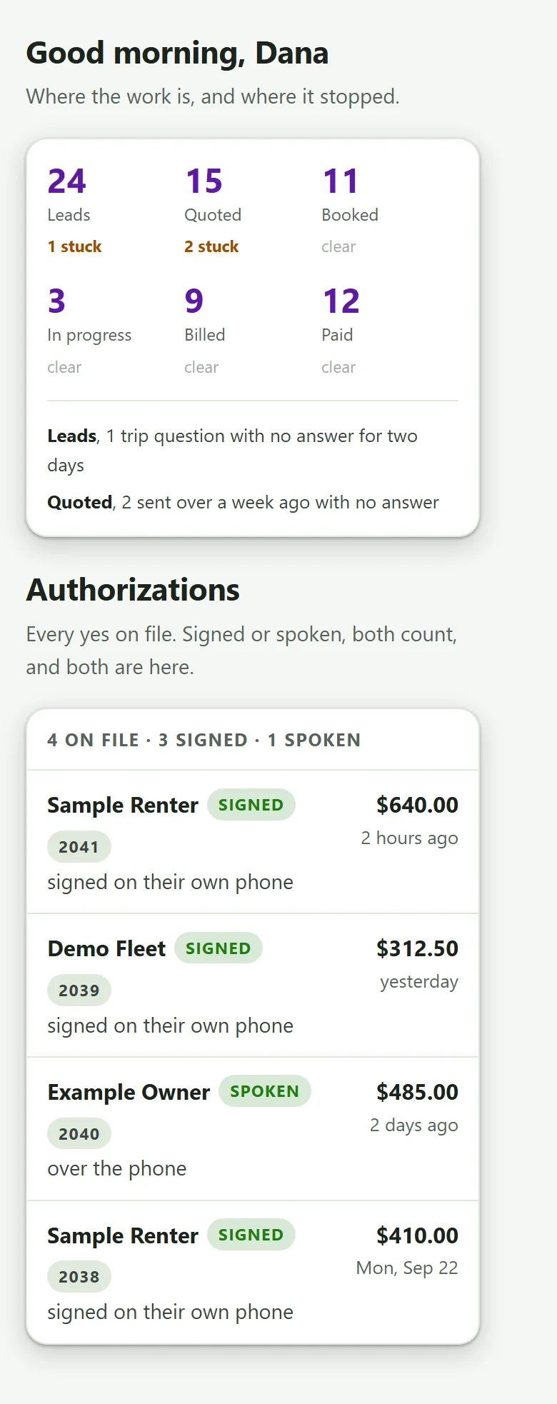 The day's desk on a phone: leads, quotes, bookings and payments, and every signed yes on file