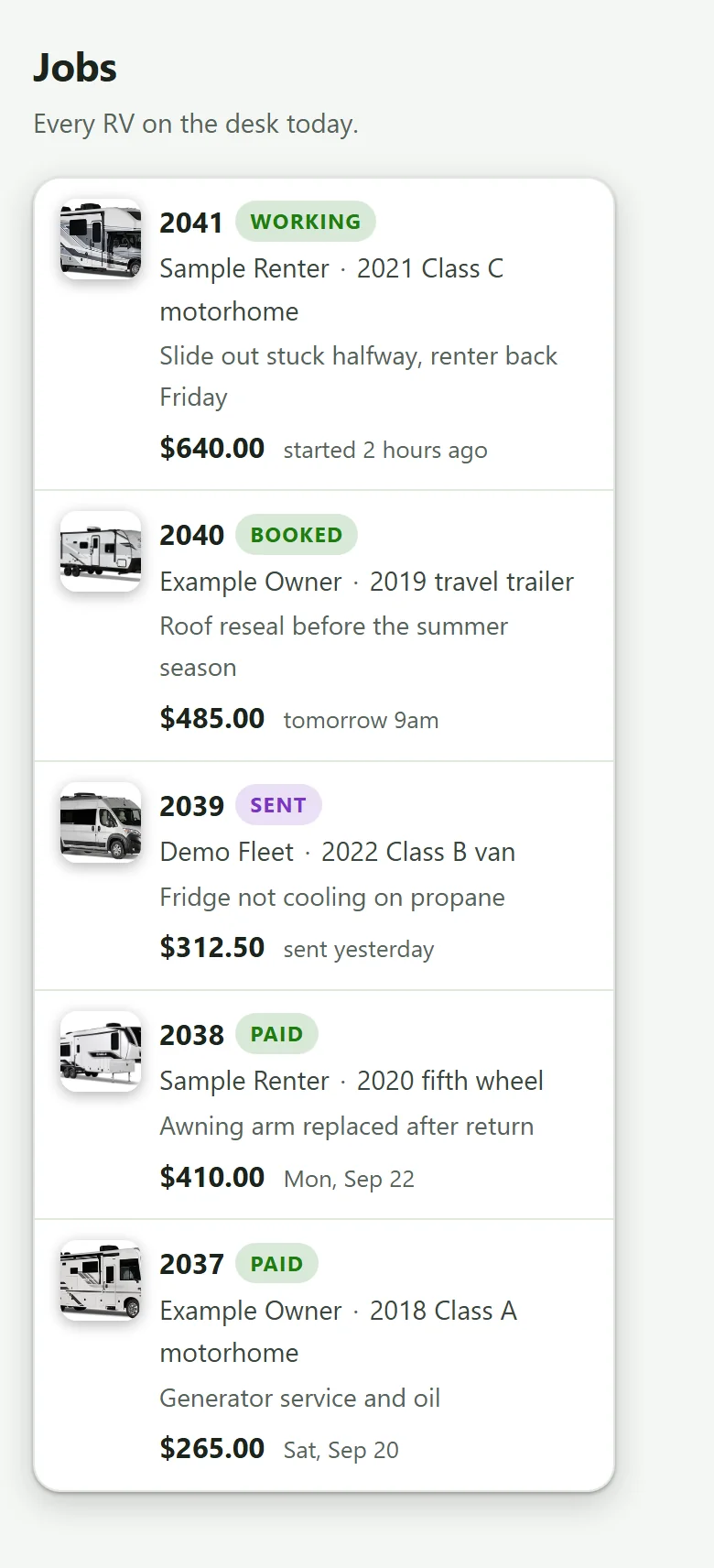 Every RV on the desk today with its status, renter or owner, and amount