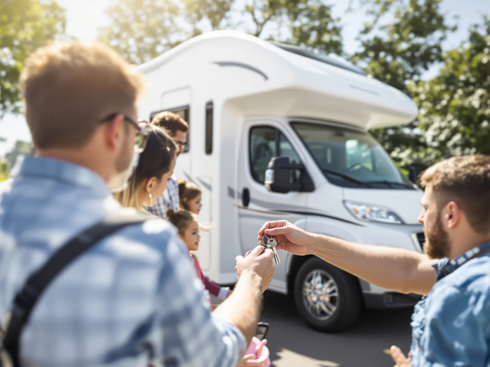An owner handing keys to a family beside a rental motorhome